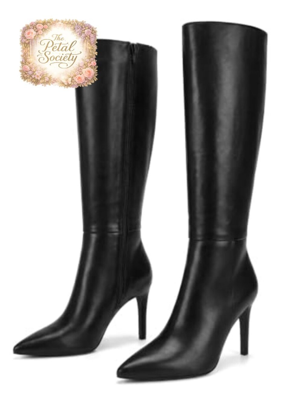 Coutgo Women's Knee High Boots Pointed Toe Stiletto Heel Faux Leather